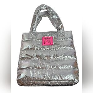 Justice Girls' Metallic Silver Puffy Puffer Tote Bag Purse Travel School Bag New